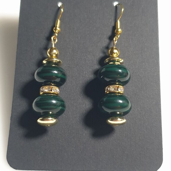 Gold Hook Green Beaded Dangle Earrings Handmade Jewelry Rhinestone Accents Gift - Picture 2 of 4